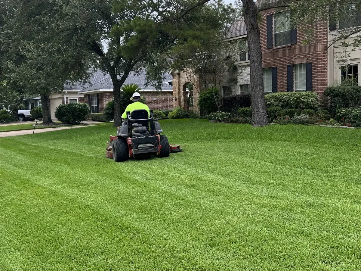Zero-turn mower striping a St. Augustine front lawn