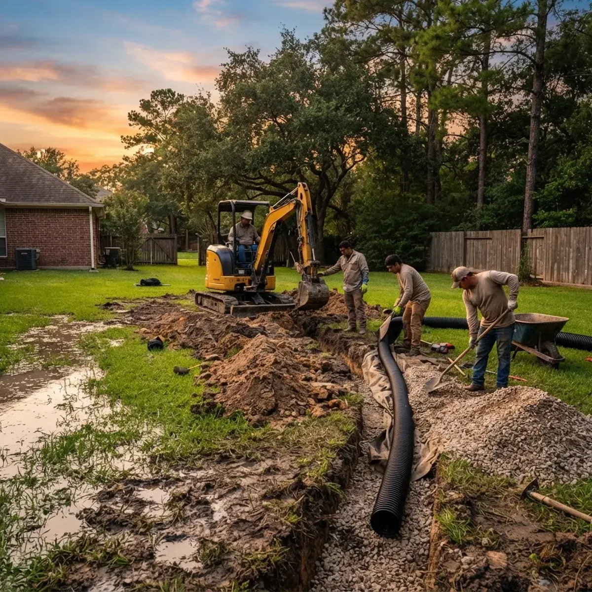 French drain pipe and gravel being installed in a trench across a waterlogged backyard