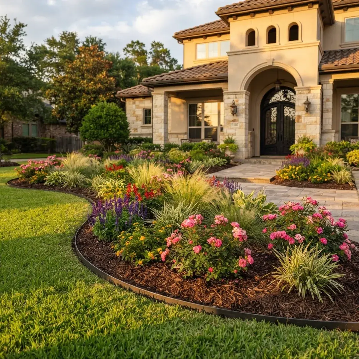 Professionally designed front-yard landscape with curved beds, roses, ornamental grasses, and fresh mulch