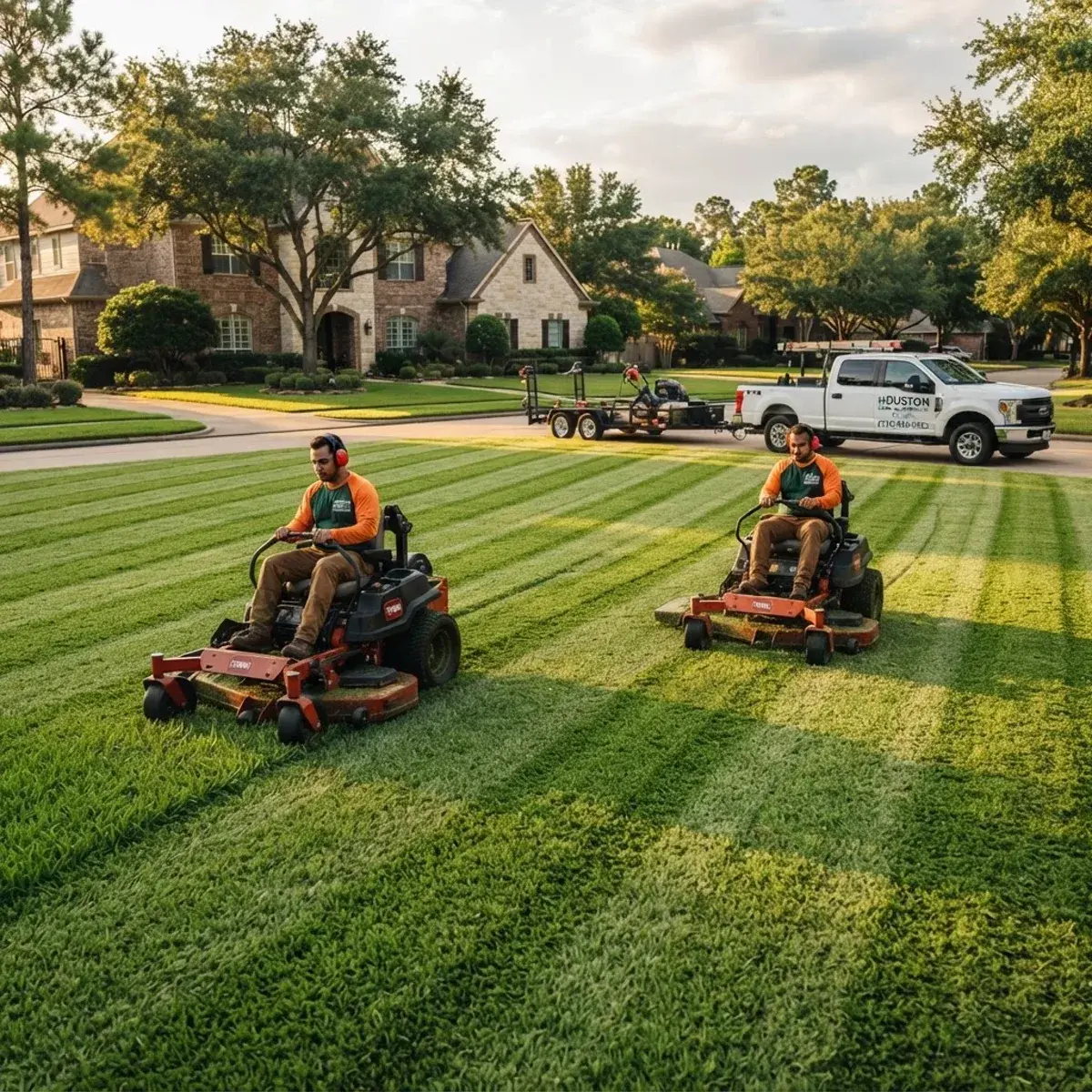 Zero-turn mowers cutting fresh stripes into a wide St. Augustine lawn