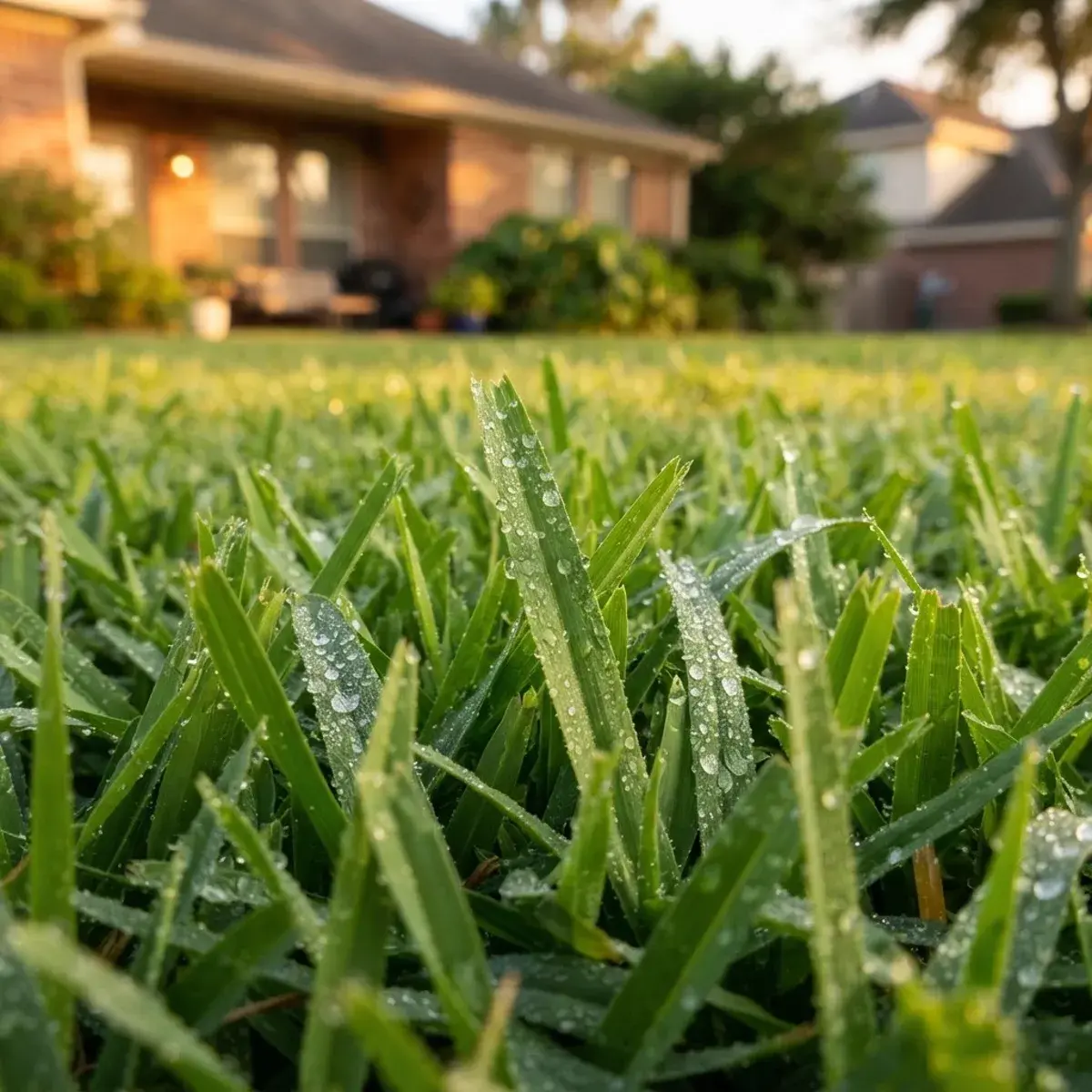 Close-up of thick St. Augustine grass blades with morning dew in a suburban front yard