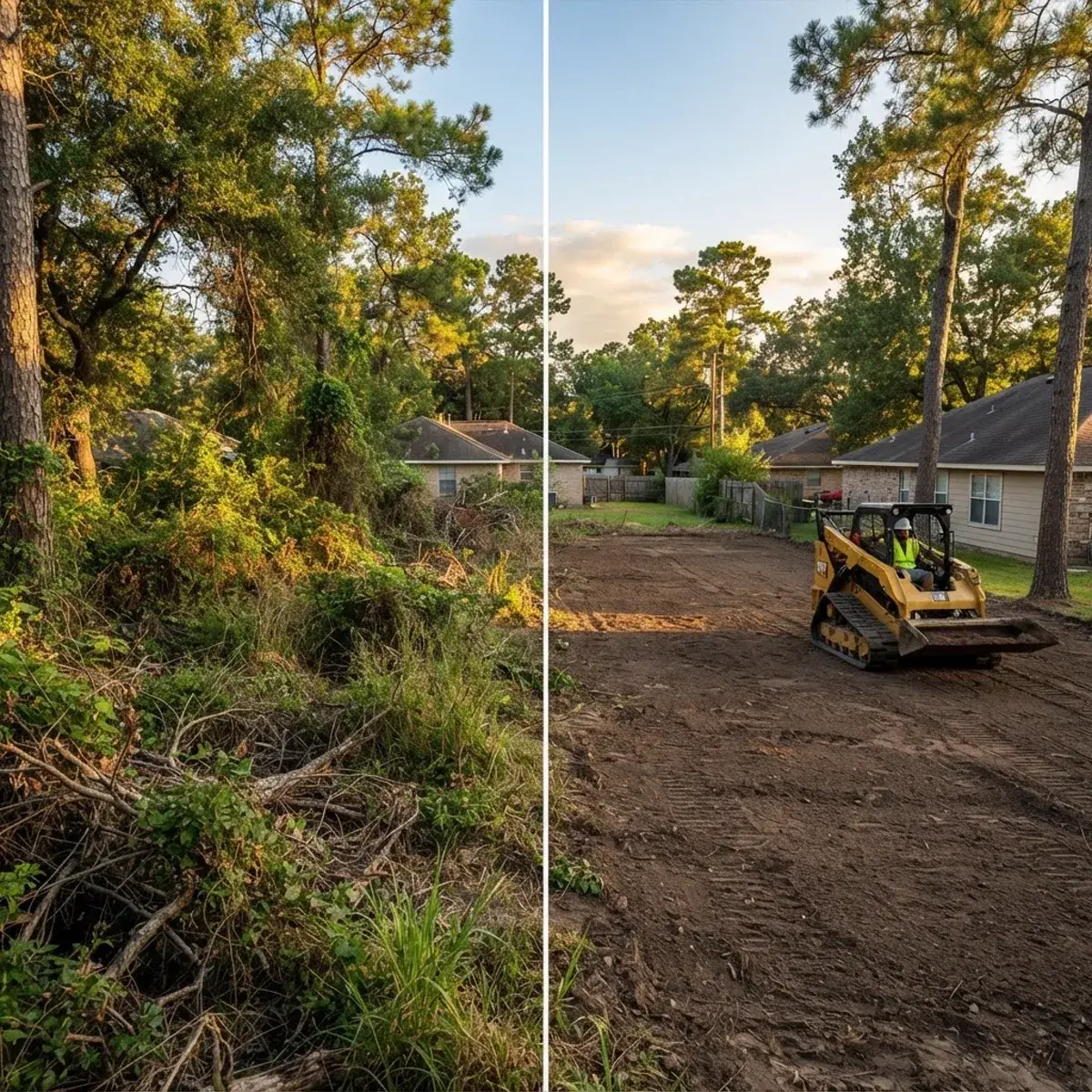 Side-by-side of an overgrown residential lot and the same lot cleared and graded by a skid steer