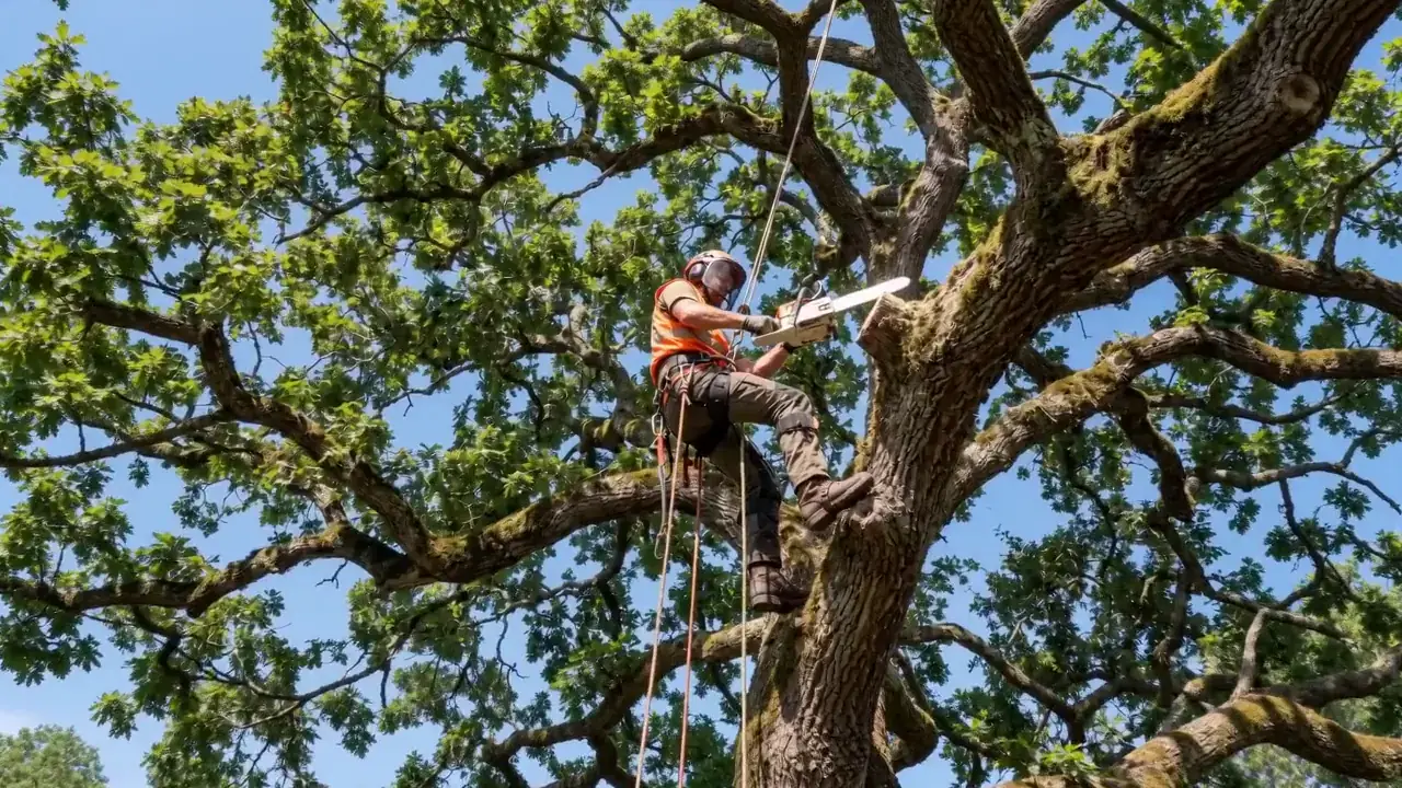 Brazos Land & Tree Co. arborist trimming a live oak canopy in Sugar Land, TX